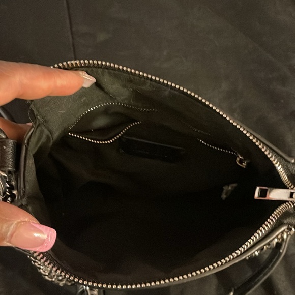 Black w/Silver Studded Crossbody bag Zip Closure Worn 2 Ways Short Chain Handle - Picture 6 of 10